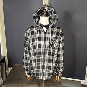 Men’s Black White Plaid Flannel Full Zip Hooded Jacket Fleece Lined Size XL NEW